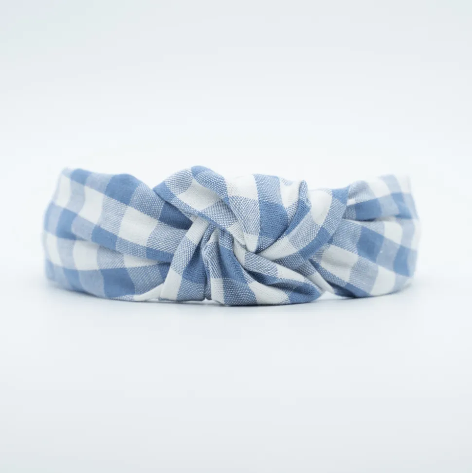 Diadema nudo vichy azul jean hecha a mano