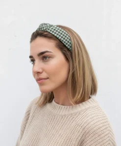 Diadema nudo vichy bicolor menta hecha a mano