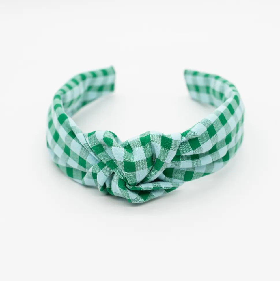 Diadema nudo vichy bicolor verde hecha a mano