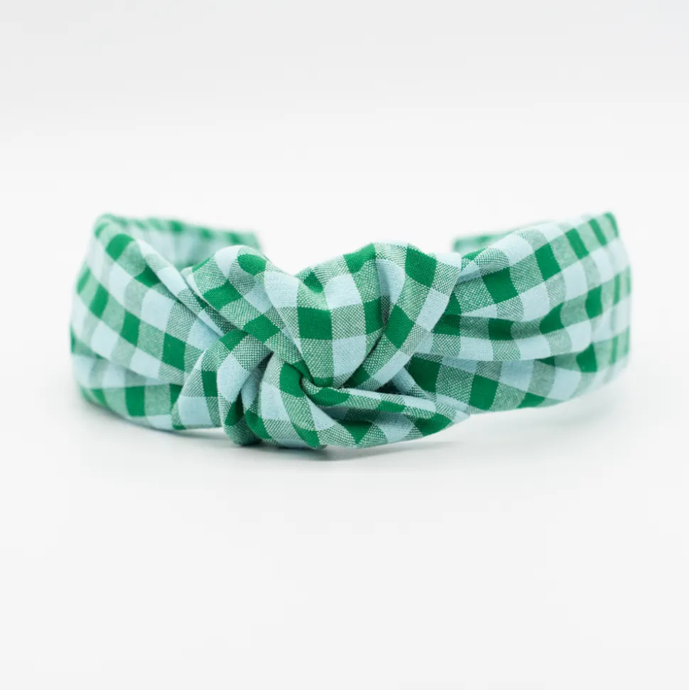 Diadema nudo vichy bicolor verde hecha a mano