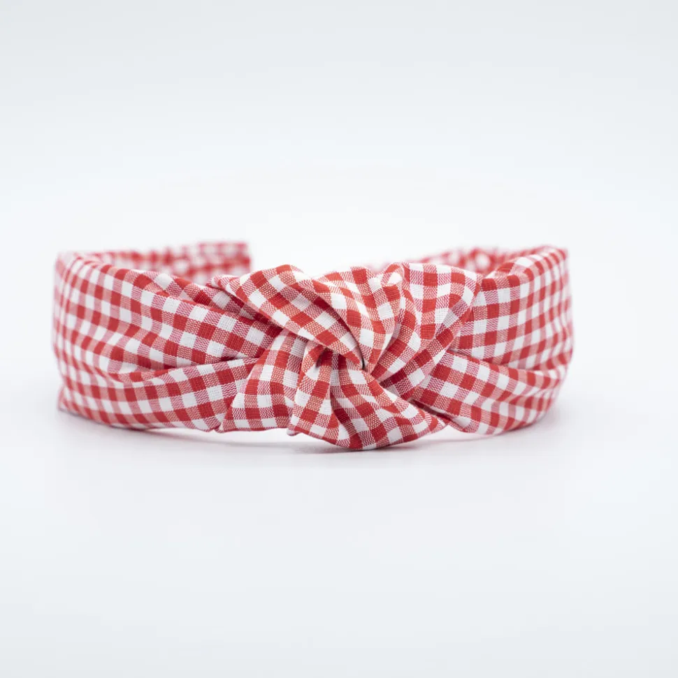 Diadema nudo vichy pequeño rojo hecha a mano