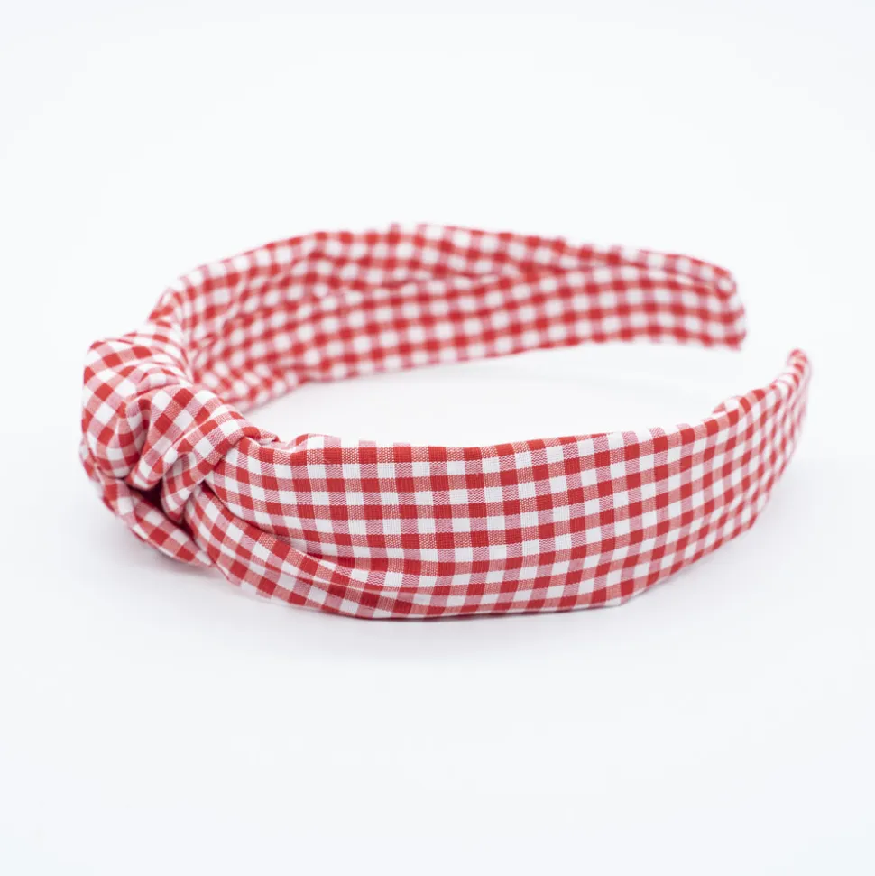 Diadema nudo vichy pequeño rojo hecha a mano