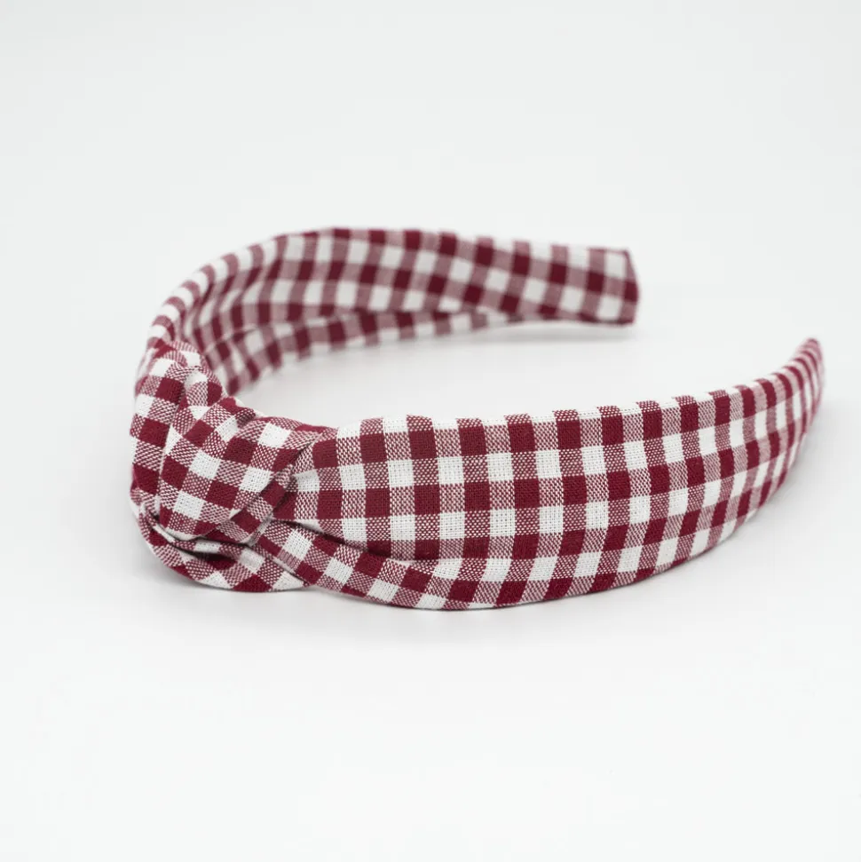 Diadema nudo vichy rojo granate hecha a mano
