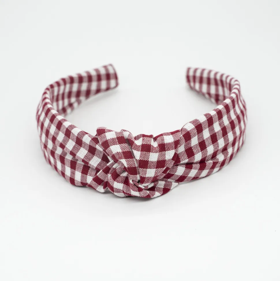 Diadema nudo vichy rojo granate hecha a mano