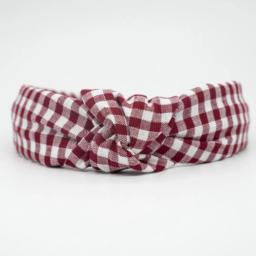 Diadema nudo vichy rojo granate hecha a mano