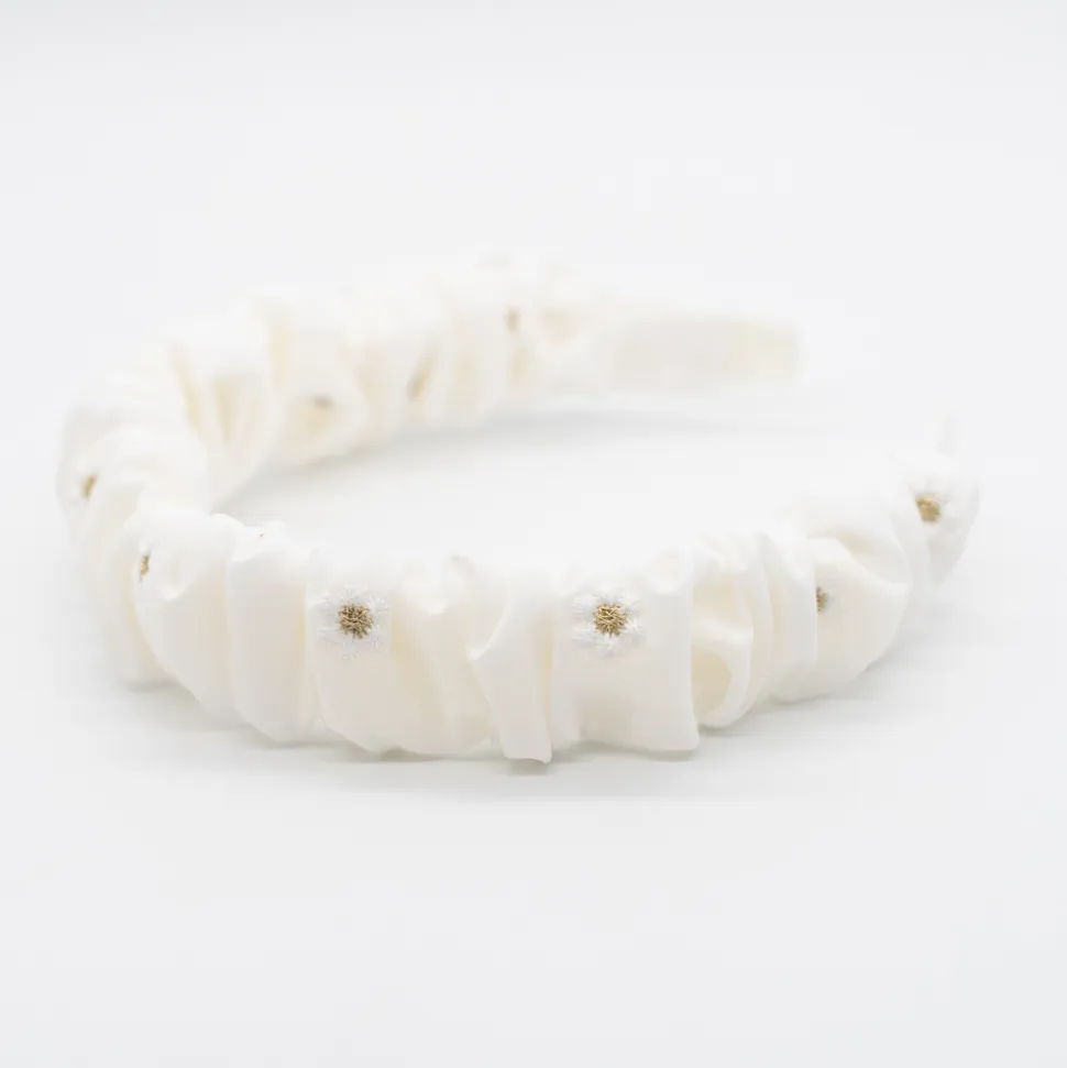 Diadema scrunchie blanca flores bordadas