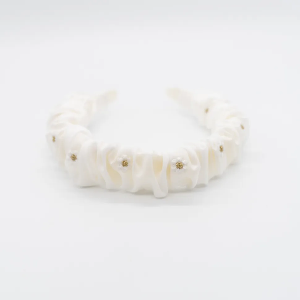 Diadema scrunchie blanca flores bordadas