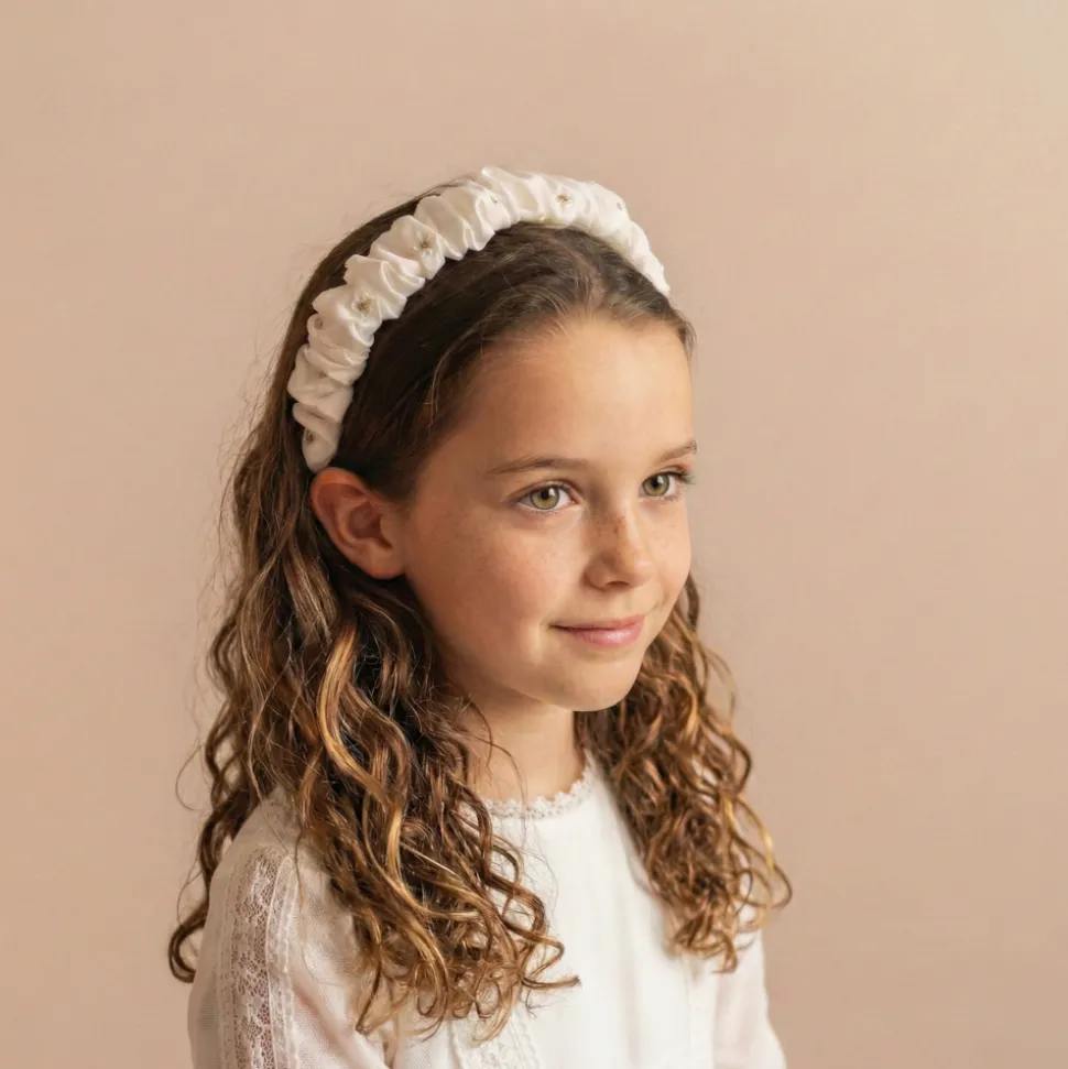 Diadema scrunchie blanca flores bordadas