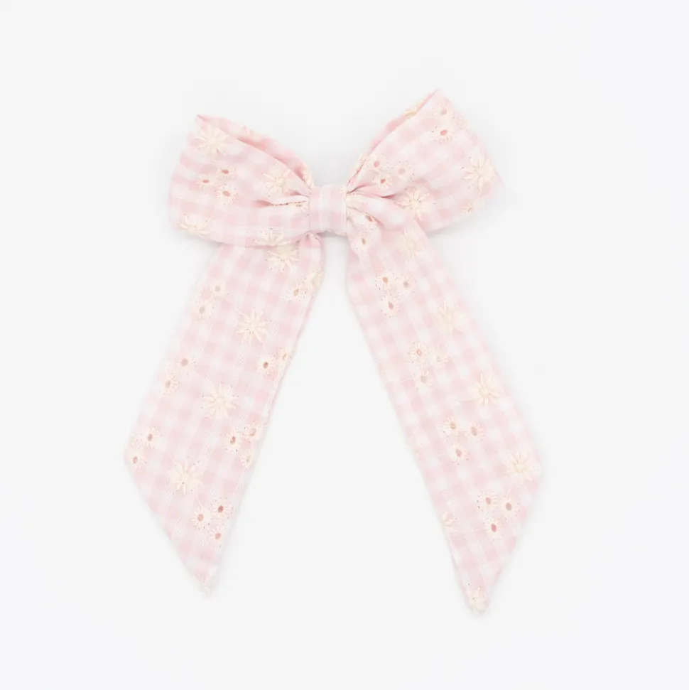 Lazo coquette vichy rosa con bordado floral