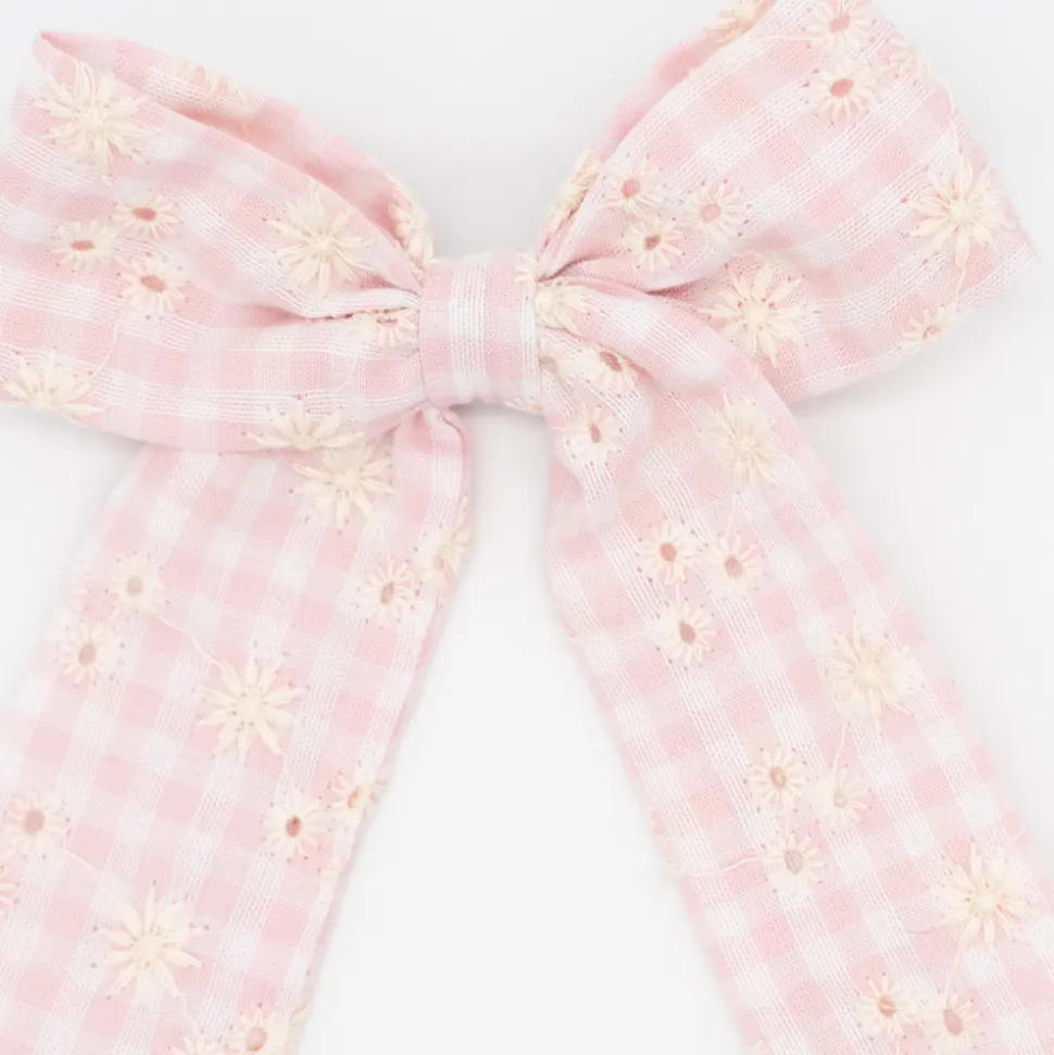 Lazo coquette vichy rosa con bordado floral