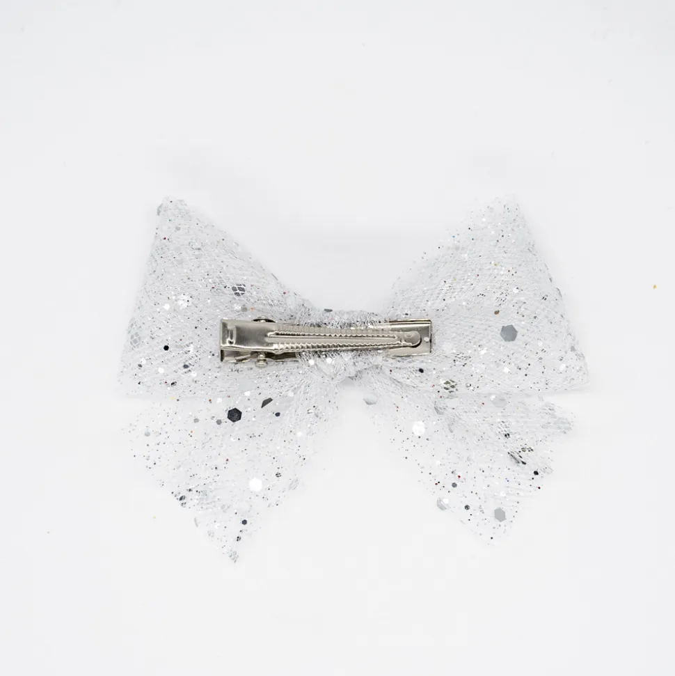 Lazo de tul glitter plata