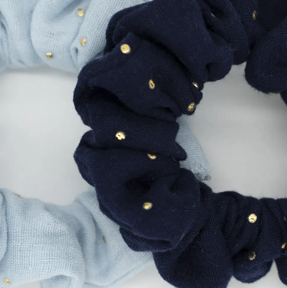 Pack coleteros scrunchie gasa azul topos oro