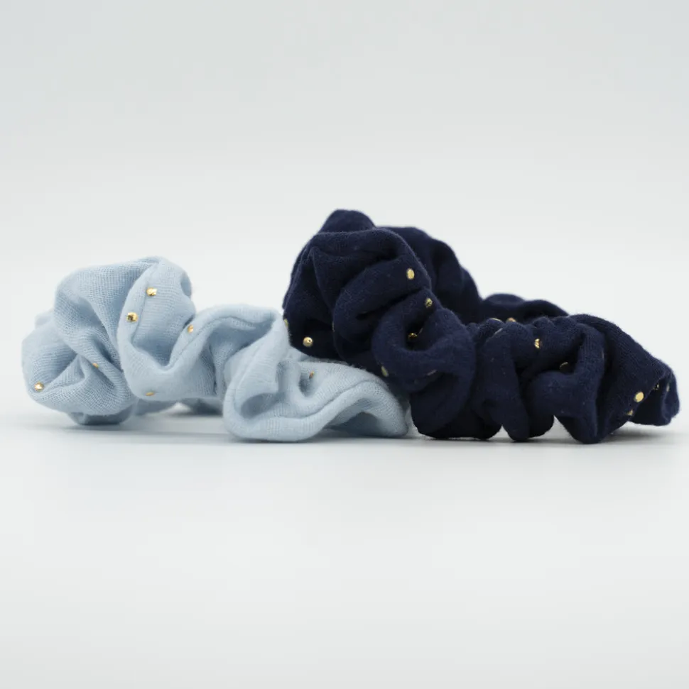 Pack coleteros scrunchie gasa azul topos oro