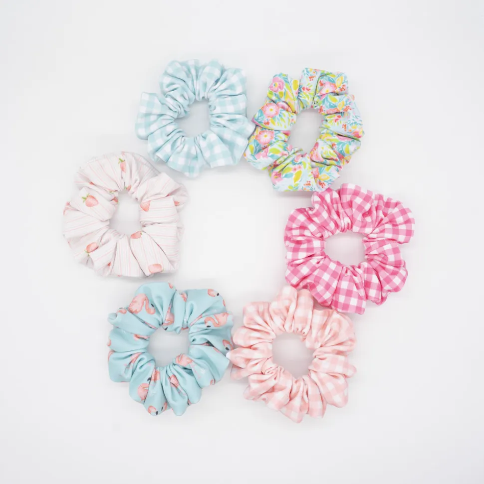 Pack coleteros scrunchies baño flamencos