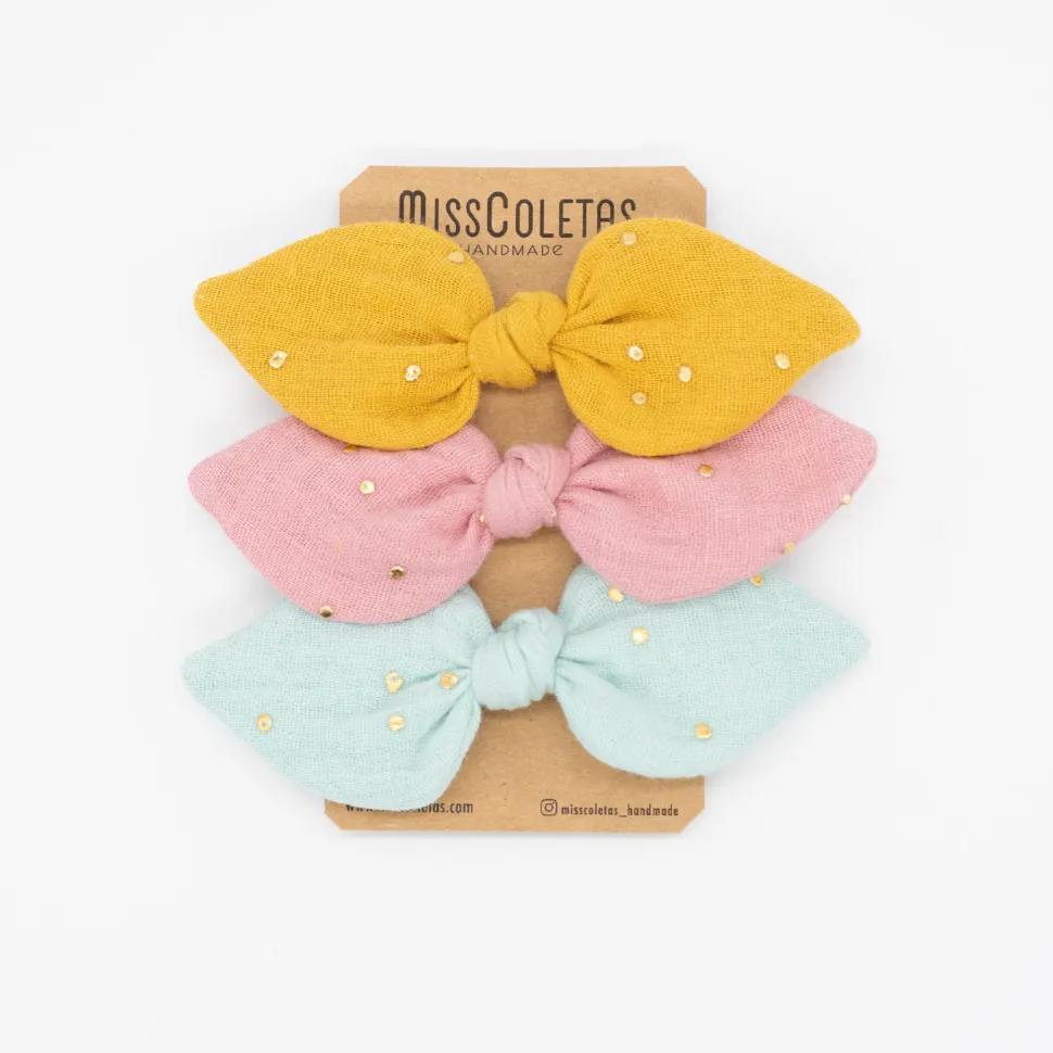 Pack de 3 coleteros lazo gasa topos oro