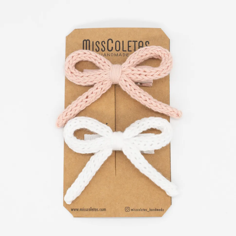 Pack de 2 Pinzas Lazo Cordón Crochet combinado blanco