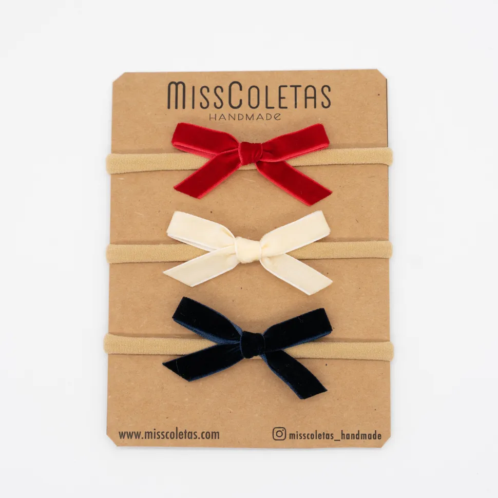 Pack diademas bebé lazo terciopelo rojo azul y beige