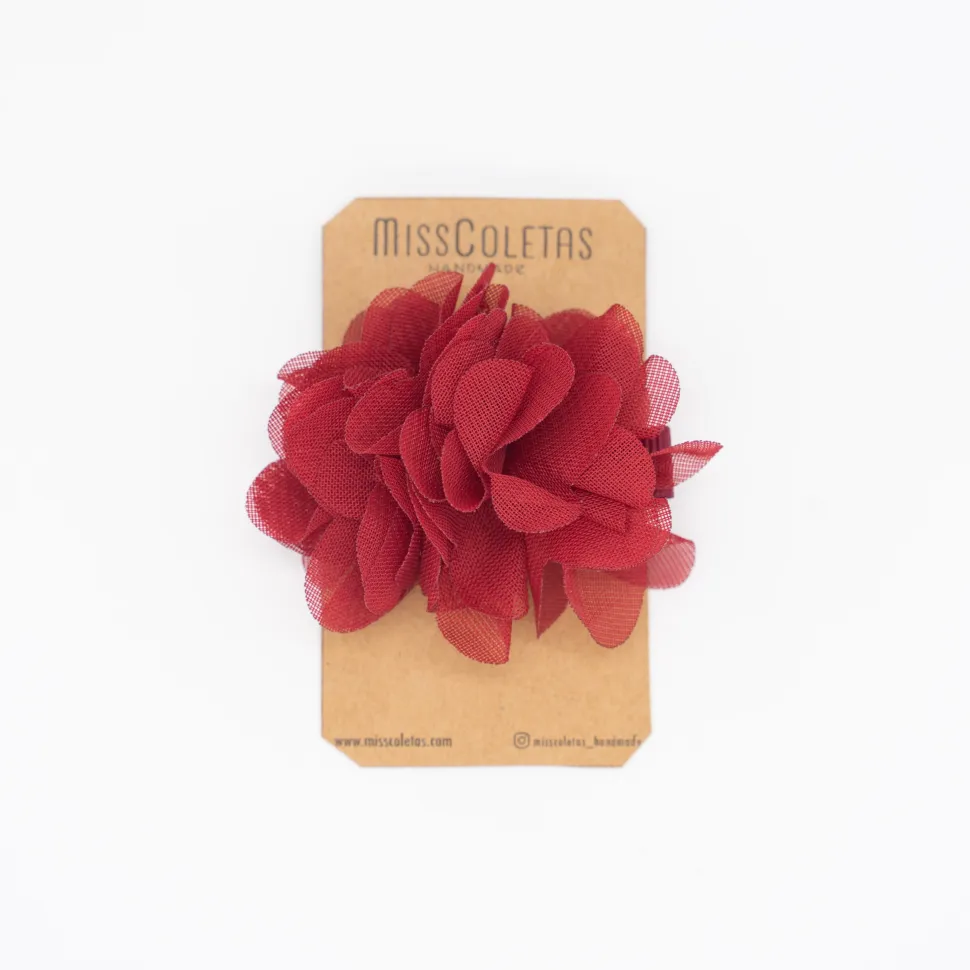 Pinza flor tul rojo burdeos