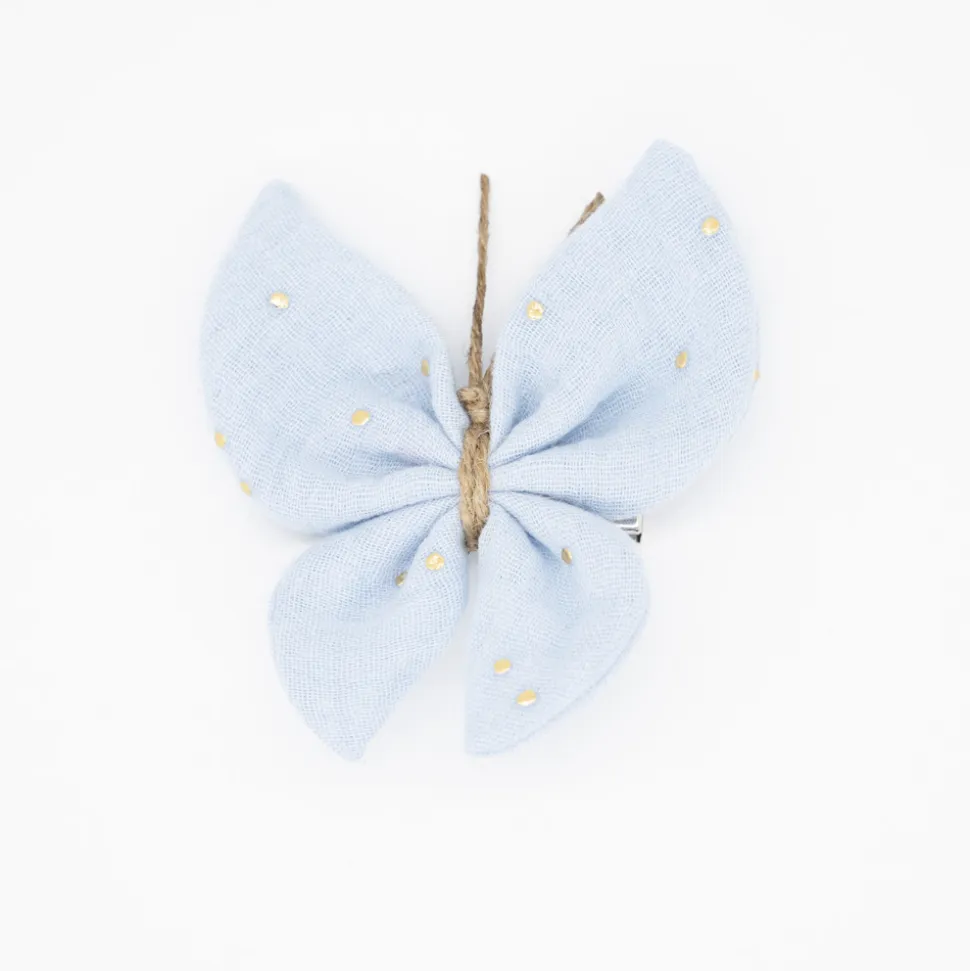 Pinza mariposa azul celeste topos oro