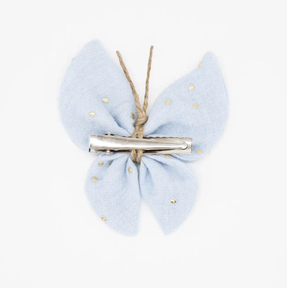 Pinza mariposa azul celeste topos oro
